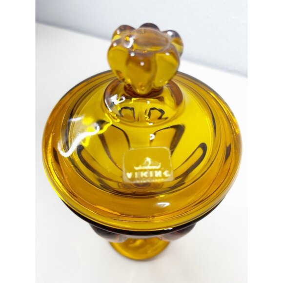 VTG Viking Art Glass MCM Six Petal Amber Covered Candy Dish w/Lid Approx 8" EUC - Picture 3 of 8